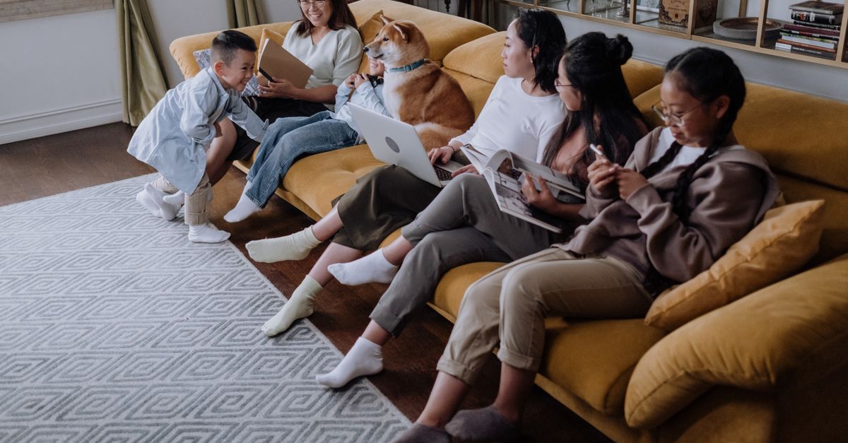 An East Asian family bonding with their pet Shiba Inu in a cozy living room setting.